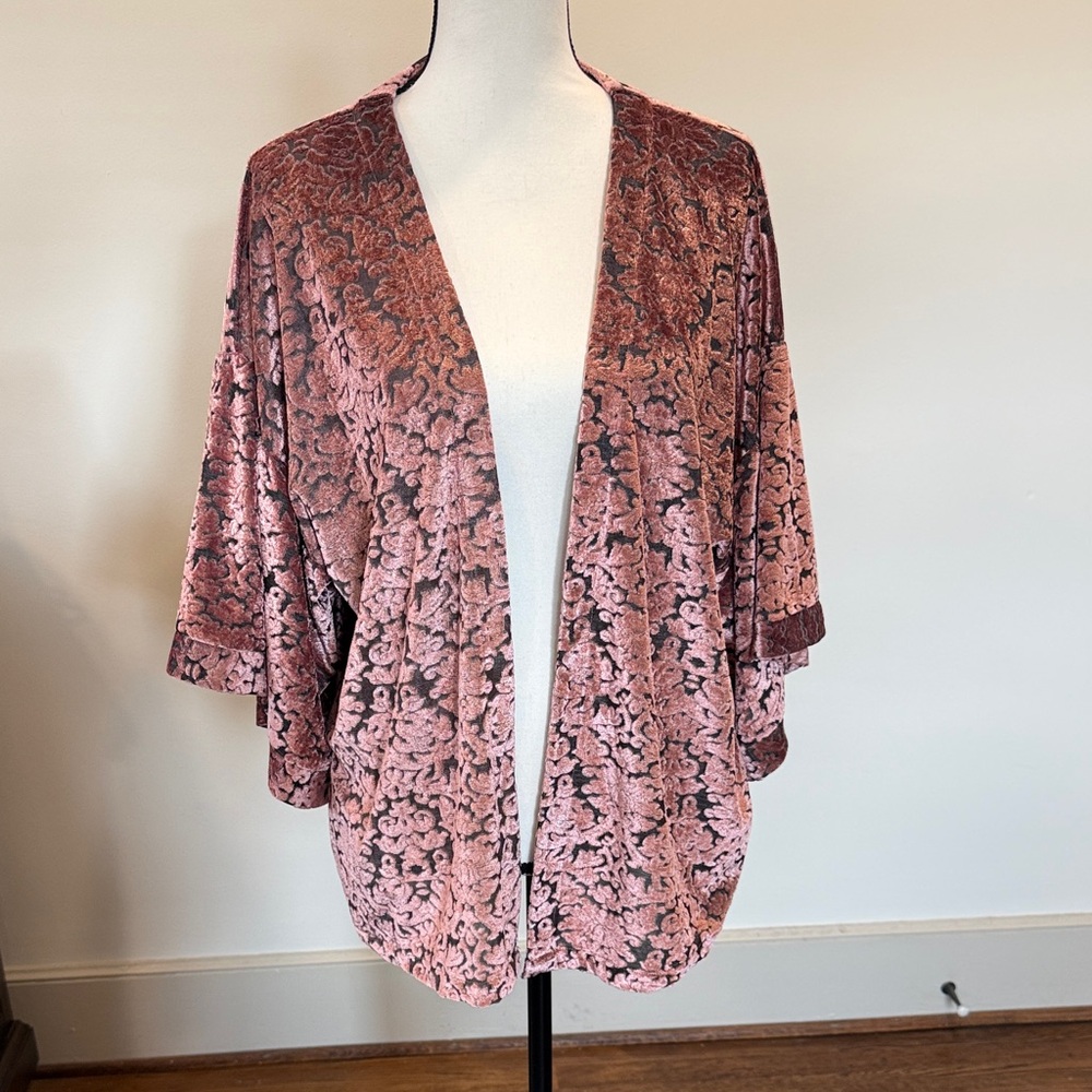 Bobeau Pink Gray Velvet Burnout Open Front Cardigan Size Large